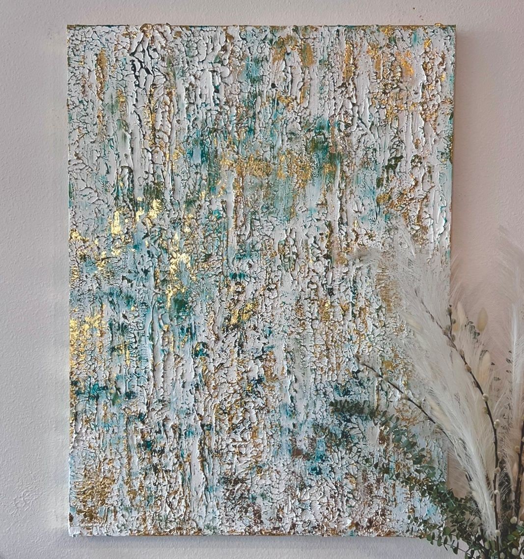  Gold Leaf Textured Green Acrylic Painting